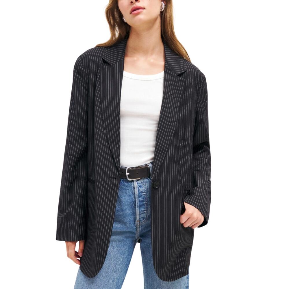 Reformation The Classic Blazer Black White Stripe Single Breasted Jacket NEW S